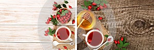 tea with rose hips and honey on a white wooden background with copy space for your text. Top view