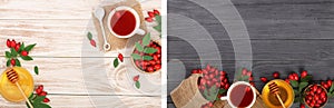 tea with rose hips and honey on white wooden background with copy space for your text. Top view