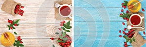 tea with rose hips and honey on white wooden background with copy space for your text. Top view