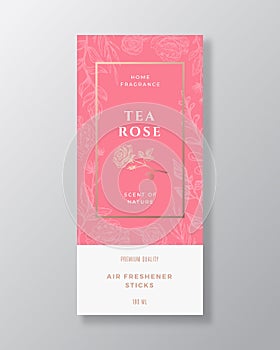 Tea Rose Home Fragrance Abstract Vector Label Template. Hand Drawn Sketch Flowers, Leaves Background and Retro