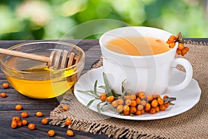 Tea of sea-buckthorn berries with honey on wooden table blurred garden background