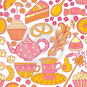 Tea seamless doodle teatime backdrop.Cakes to celebrate a