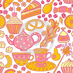 Tea seamless doodle teatime backdrop.Cakes to celebrate any eve photo