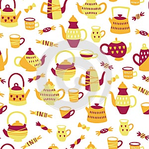 Tea Seamless Pattern with Cups, Pots and Candy. Hand Drawn Vector Illustration