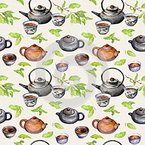 Tea seamless pattern - fresh green leaves, chinese pots, asian traditional cups. Watercolor repeating background