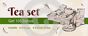 Tea set, china and japan herbal tea. Healthful drink photo