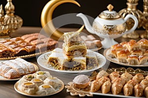 A tea set complements the luxurious array of confections, signaling hospitality.