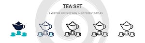 Tea set icon in filled, thin line, outline and stroke style. Vector illustration of two colored and black tea set vector icons