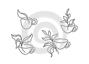 Tea set. Linear abstract symbol. Art leaves, cup
