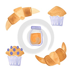 Tea set: muffins, croissants, a jar of honey. Isolated watercolor illustration on white background. Clipart. Decor for a tea party