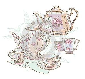 Tea set service vector illustration.