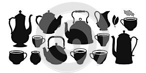 Tea set, silhouette. Kettle, teapot, cup, creamer icon or symbol. Vector illustration