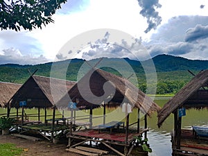 Tea set site mattres sit seats roof bamboo resevoir huai tueng thao lake water valley mountain chiang mai Thailand