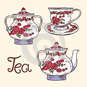 Tea set: sugar bowl, cup and saucer, teapot with red roses and leaves ornament, hand drawn doodle, simple sketch in pop art style