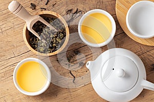 Tea set with tea leaves in wood bowl and teapot on wooden table