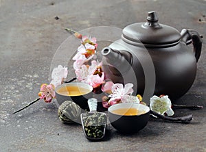 Tea set (teapot, cups and different tea)