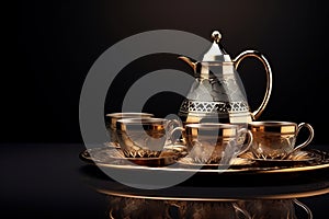 Tea set on a tray with cups and saucers