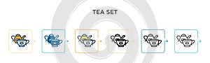 Tea set vector icon in 6 different modern styles. Black, two colored tea set icons designed in filled, outline, line and stroke