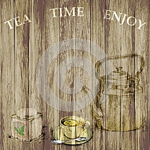 Tea set on wooden background with copy space for text. hand drawn. vector illustration