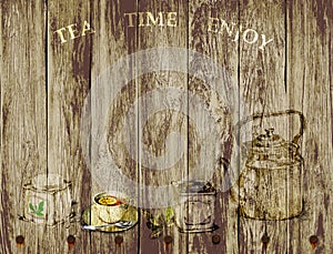 Tea set on wooden background with copy space for text. hand drawn.vector illustration