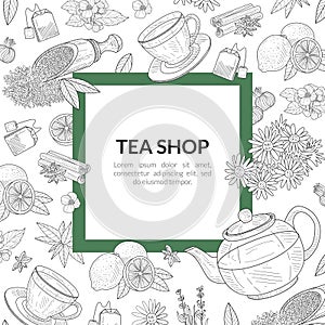 Tea Shop Banner Template with Space for Text, Healthy Drinks of Wild Flowers and Herbs Hand Drawn Vector Illustration