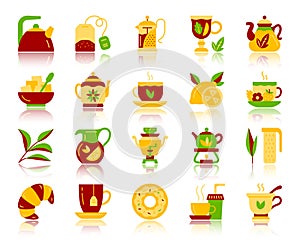 Tea simple flat color icons vector set