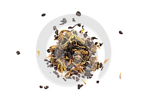 Tea with strawberry flavor and passion fruit on white background