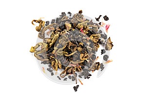 Tea with strawberry flavor and passion fruit on white background