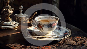 Tea table with porcelain cup, saucer and vintage teaspoon. Ambiance of an antique tea room or Old Money Aesthetic