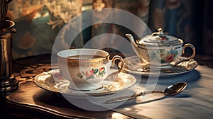 Tea table with porcelain cup, saucer and vintage teaspoon. Ambiance of an antique tea room or Old Money Aesthetic