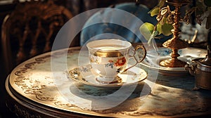 Tea table with porcelain cup, saucer, and vintage teaspoon, surrounded by the ambiance of an antique tea room. Old Money