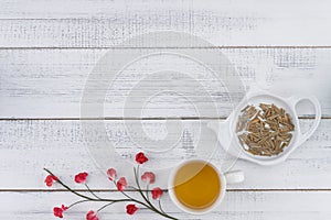 Tea and tea leaves on white plate