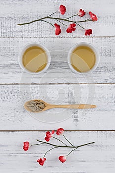 Tea and tea leaves on wooden spoon