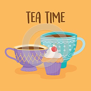 Tea, teacups with sweet cupake, yellow background