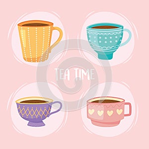 Tea, teacups traditional beverage relaxation icons