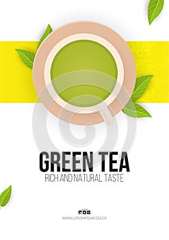 Tea time banner on white background with tea leaves and cup.