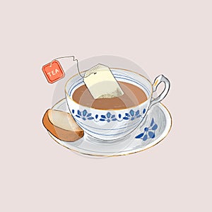 Tea time with biscuit digital illustration