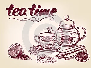 Tea time Cup of tea and teapot isolated on vintage background hand drawn vector illustration realistic sketch