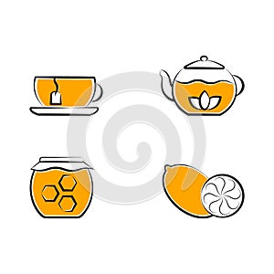 Tea Time Icons Set. Thin line, black contour, outline, yellow mustard fill, flat design. Isolated elements of cup