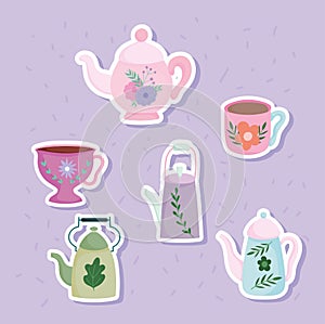 Tea time kettles and cups flower leaves printed stickers, kitchen ceramic drinkware, floral design cartoon