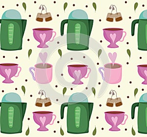 Tea time kettles teacups teabags beverage adorable background