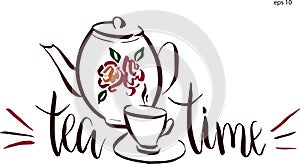 Tea time lettering in vector. Cup with swirl design elements and retro teapot with flower.