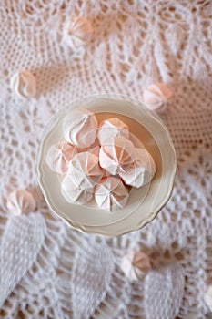 Tea time. Lunch with diet dessert white and pink marshmallows