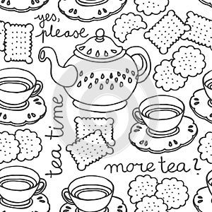 Tea time monochrome seamless pattern