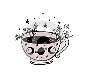 Tea time, a mug of tea, a cup of coffee. Doodle illustration for witch shop, witchcraft herbal potion, color hand drawing isolated