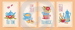 Tea time poster set. Background for signboard lettering, bakery posters, cafe decoration, afternoon sweet home party