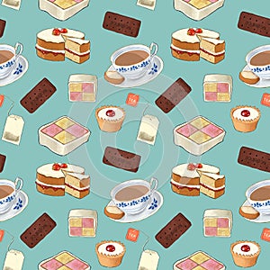 Tea time seamless digital pattern on turquoise background