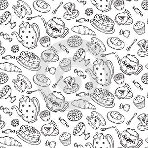 Tea time seamless pattern with hand drawn doodle elements.