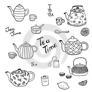 Tea time set with tea pots, tea cups, tea bag, sugar bowl, spoon, lemon, lettering words. Hand drawn outline element. Vector