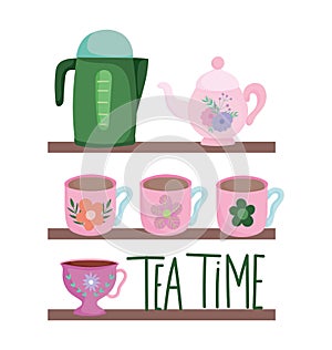 Tea time, shelves with many cups kettles flowers decoration, kitchen ceramic drinkware, floral design cartoon